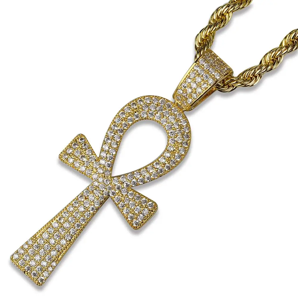 TOPGRILLZ Hip Hop New Style Ankh Necklace Copper Gold/Silver Color Plated Micro Paved AAA CZ Stone Pendant Necklace Rope Chain