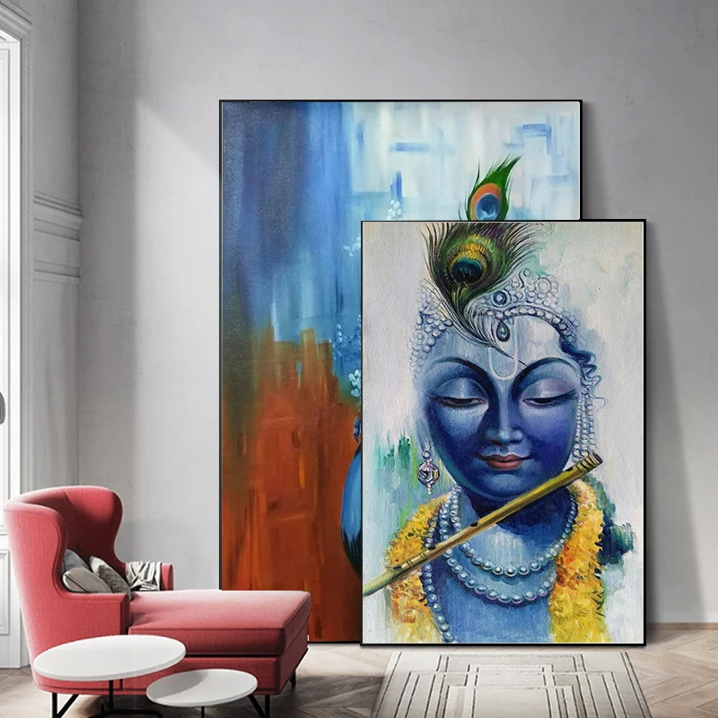 

India Religious Peacefull Canvas Painting Wall Art Lord Krishna Posters And Prints For Living Room God Home Decor Cuadros