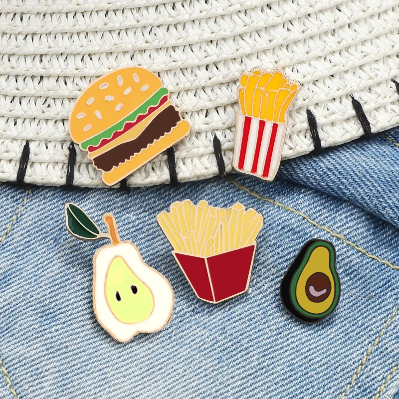 Avocado Pear Carrot Brooch Burger French fries Enamel Pin Food Fruit Cartoon Funny Button Badge Women Men Bag Clothes Lapel Pin