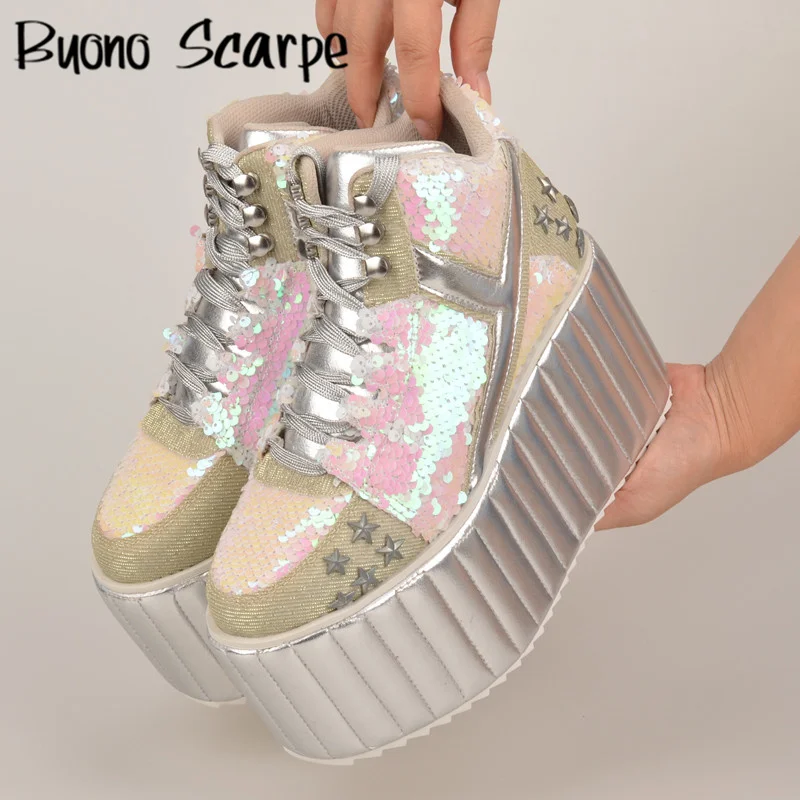 Bling Bling scarpe alte con plateau per donna stivaletti in pelle con fondo spesso Sneakers con tacchi alti scarpe singole con paillettes di perle