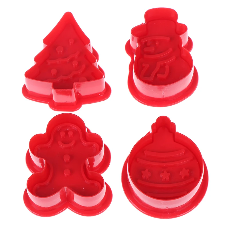 4 Pcs/Set 3D Christmas Cookie Cutters Cookie Stamp Biscuit Mold Cookie Plunger Cutter DIY Baking Mould Gingerbread Home