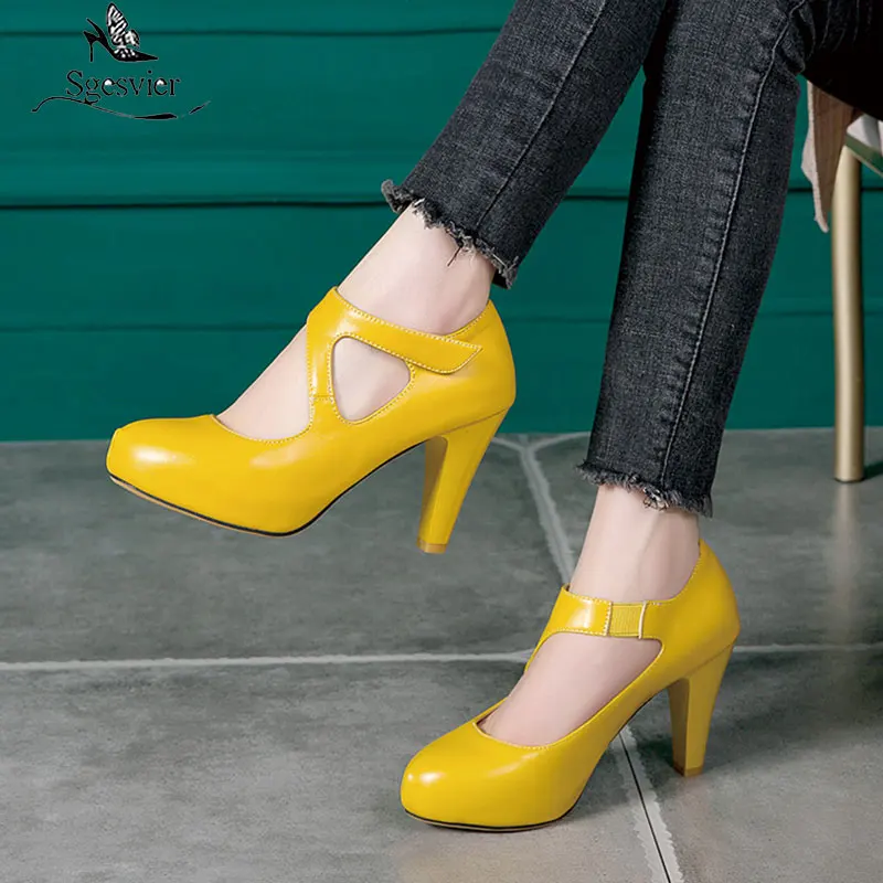 Sgesvier 2020 Plus size 32-48 women pumps thick high heels platform party shoes summer shallow shoes woman black yellow