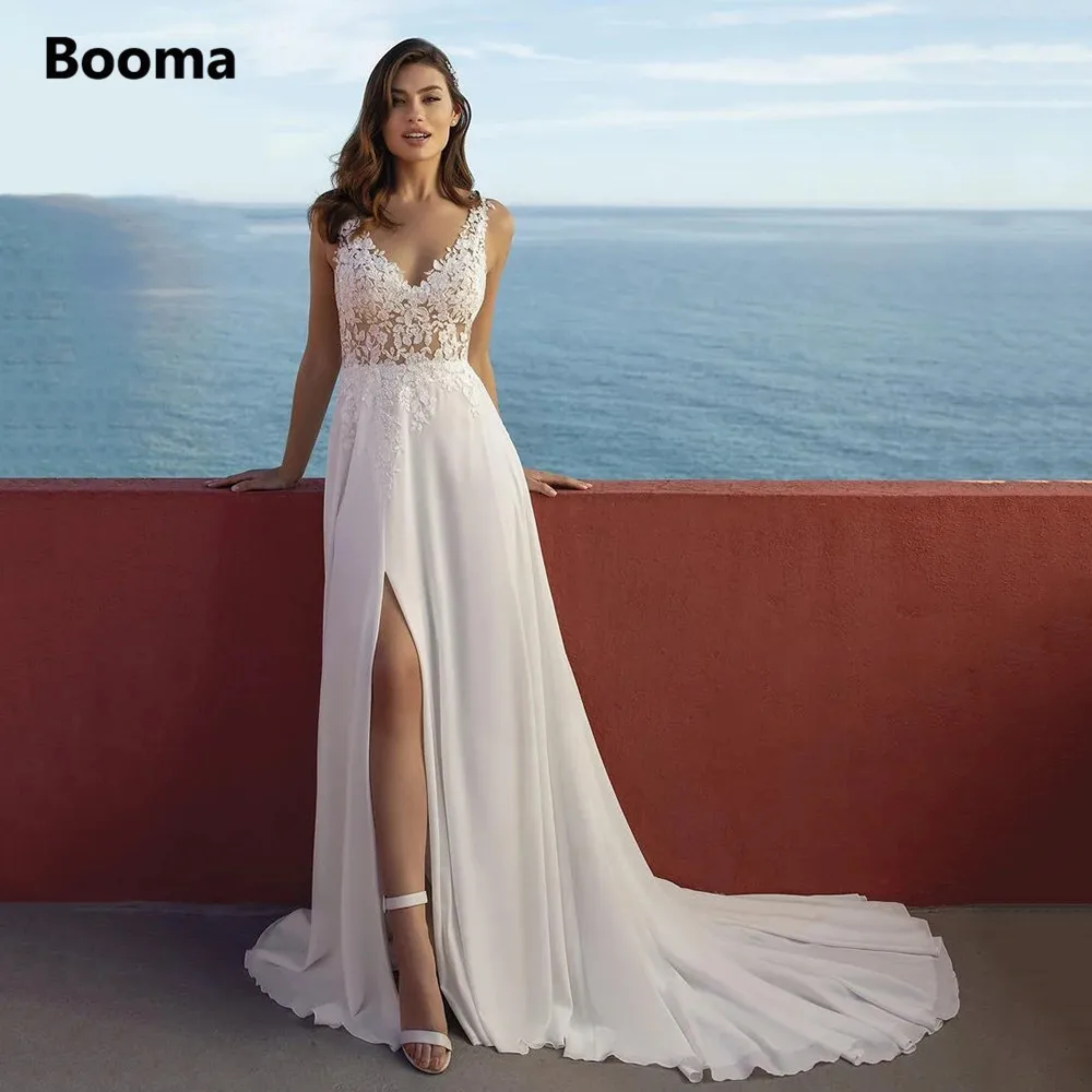 Booma-vestidos de novia con cuello en V para playa, traje de novia de gasa con abertura alta y Apliques de encaje bohemio, en la espalda abotonados, largos