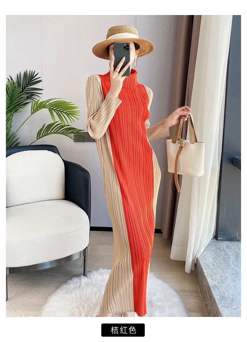 

HOT SELLING Miyake pleated one-piece dress turtleneck fashion patchwork long sleeve straight dress IN STOCK