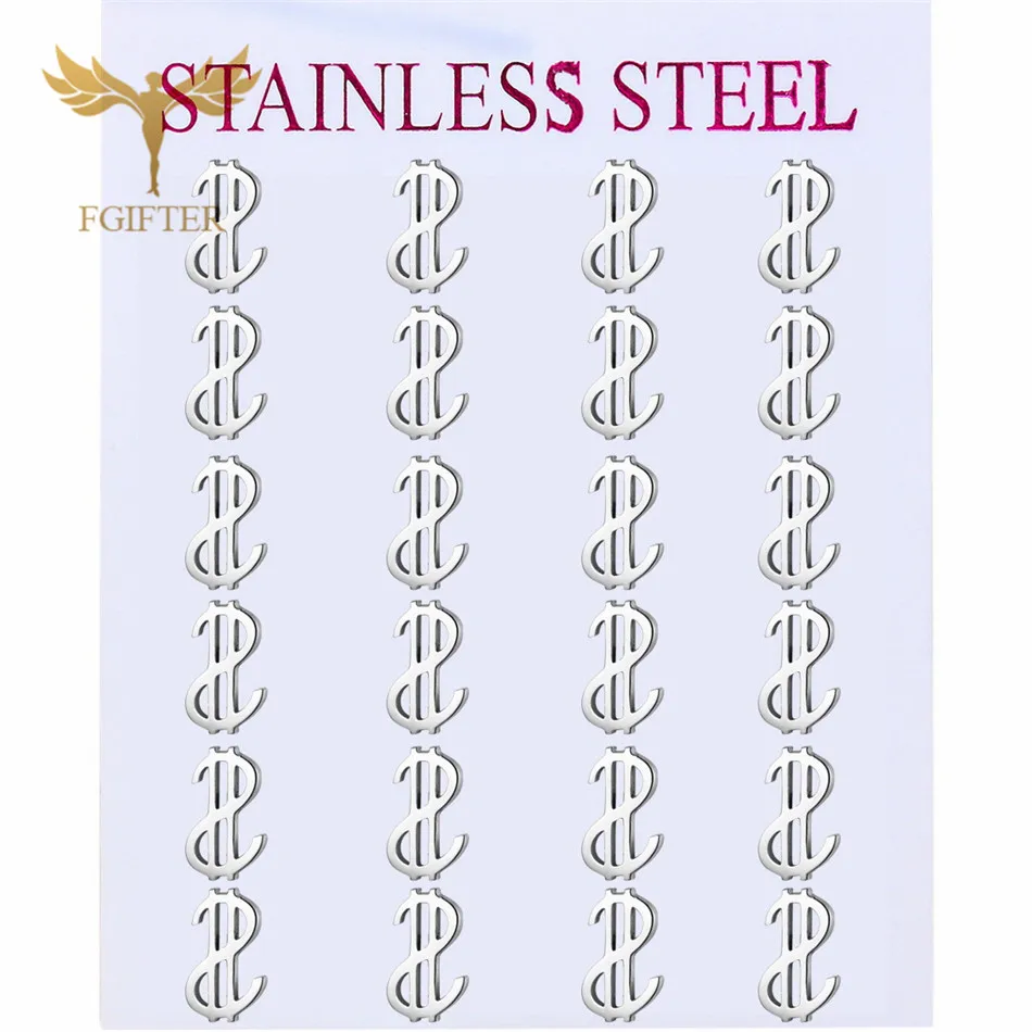 Fashion Dollar Earrings Men Women Small Stud $ Style Stainless Steel Ear Piercing Jewelry Wholesale Resale 12 Pairs Lot