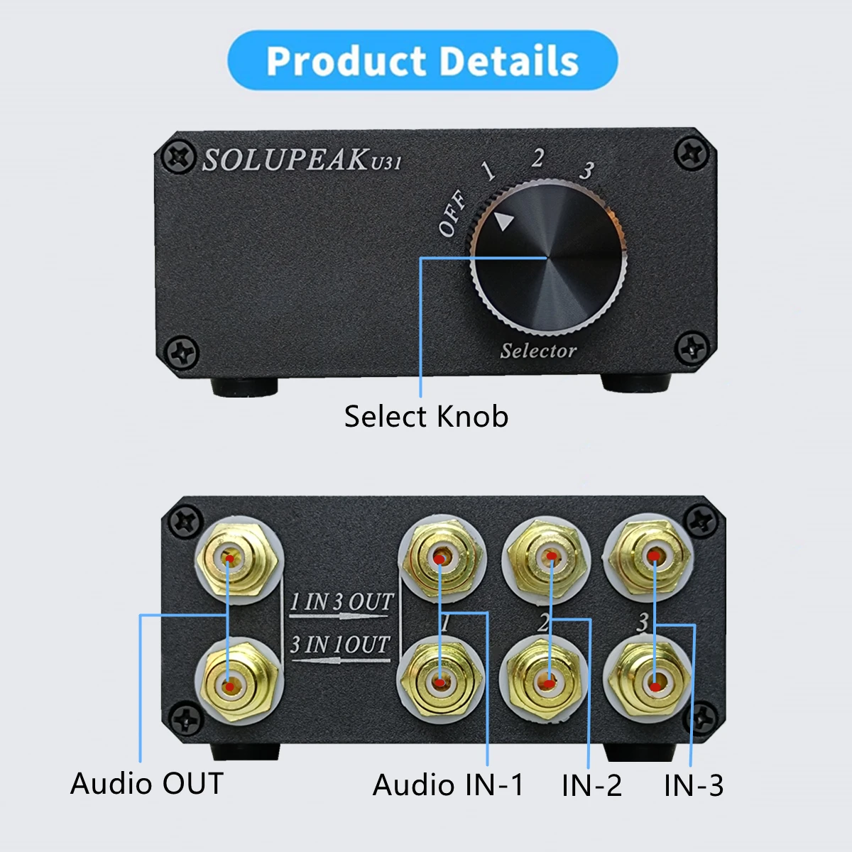 SOLUPEAK U31 1(3) IN 3(1) ways OUT RCA stereo audio Source signal switcher switch selector splitter schalter Distributor box