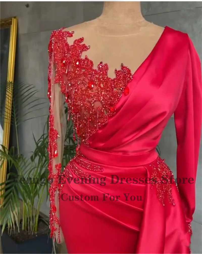 Verngo Glamorous Red Satin Abendkleider Mit Langen Ärmeln Sheer Neck Perlen Dubai Frauen 2021 Prom Kleider Promi Formales Kleid