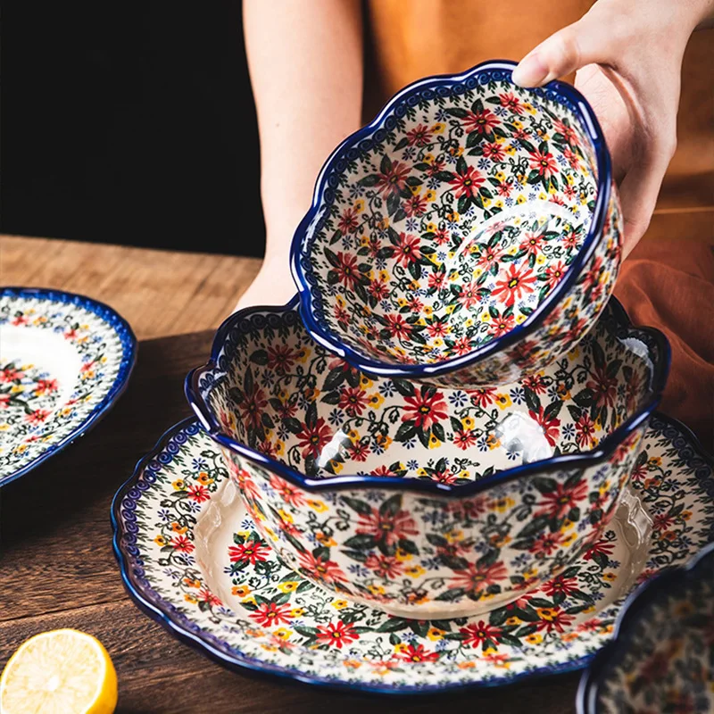 LingAo-Polish Ceramic Tableware for Home, Creative Dish Set, High-Faced Rice Bowl, Soup and Noodles, Large Net Red Plate