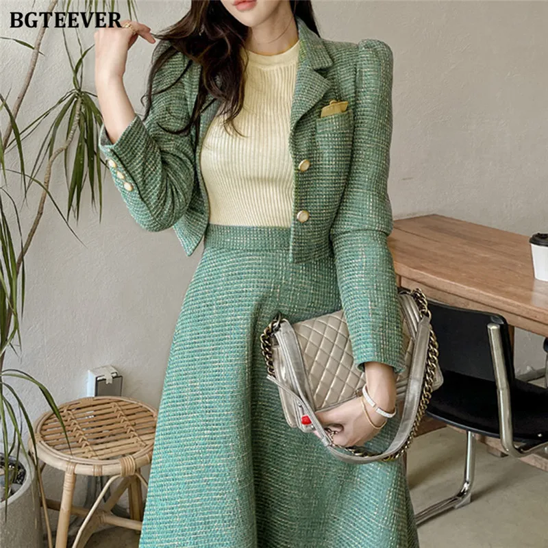 BGTEEVER Vintage Ladies 2 Pieces Skirt Suits Short Jackets & High Waist A-line Midi Skirts 2021 Autumn Elegant Women Suits