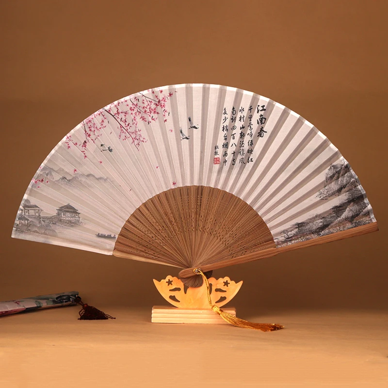 Folding Hand Fan Chinese Portable Bamboo Fan Ventilatore Retro Hanfu Dance Ventilador Japanese Cloth Print Abanicos Para Boda