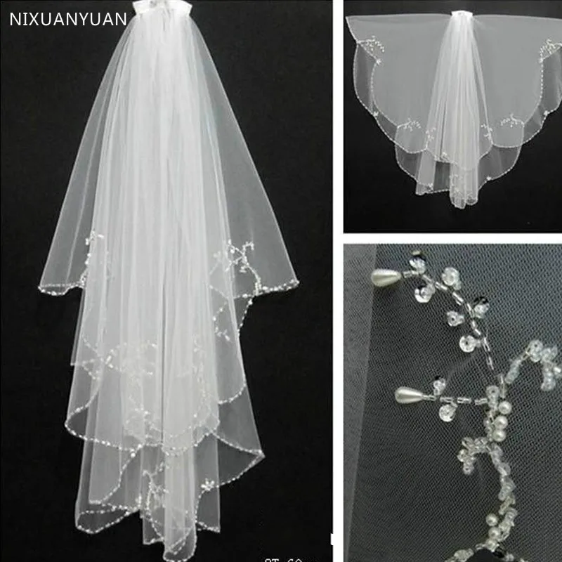 Handmade Wedding Beaded Veil 2021 with Comb 2 Layers Tulle Sequins Beads Bridal Veil Wedding Accessories