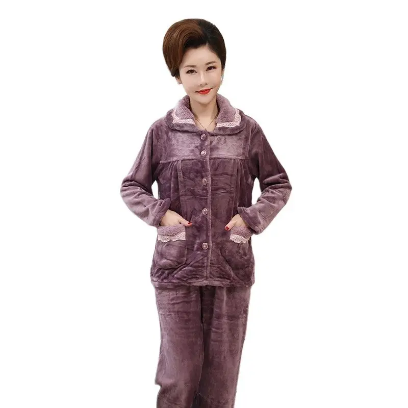 

Winter long sleeve warm flannel pyjamas for middle-aged lady thick coral fleece cardigan pajamas fashion big yards pijamas mujer