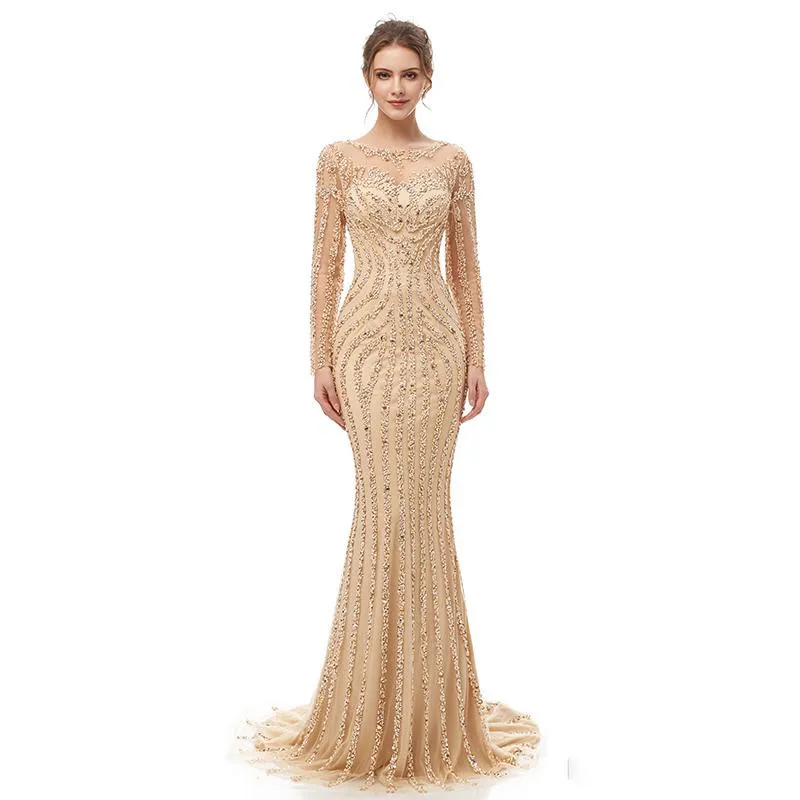 2021 Luxury Mermaid Sequins เซ็กซี่ชุด Sparkly Prom Party Dresses ดูไบแสดงแขนยาว Sheer Bodice ชุดราตรี016