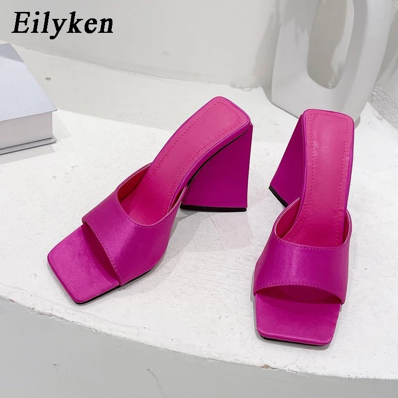 Eilyken 2024 New Arrival Summer Silk Triangle Square Heels Slippers Sexy Street Woman Party Square Toe Dress Slides Shoes