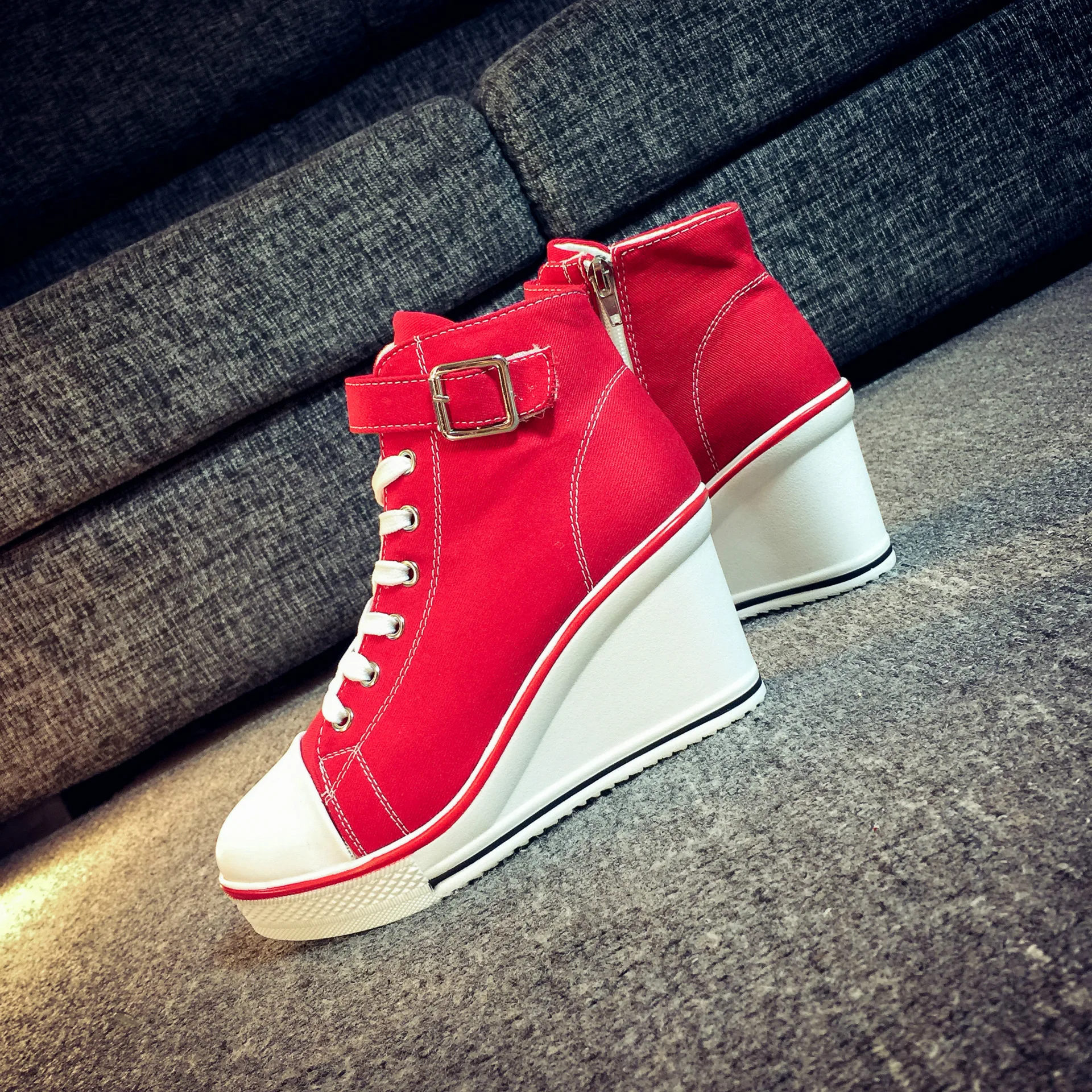 

2020 spring new side zipper increased thick bottom wedge heel high-top canvas shoes women's loose-soled high-heeled shoes