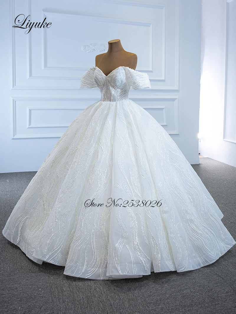 Liyuke Sweetheart Neck Off The Shoulder Ball Gown Wedding Dress With Silk Lace Sleeveless Floor Length Corset Closure Back