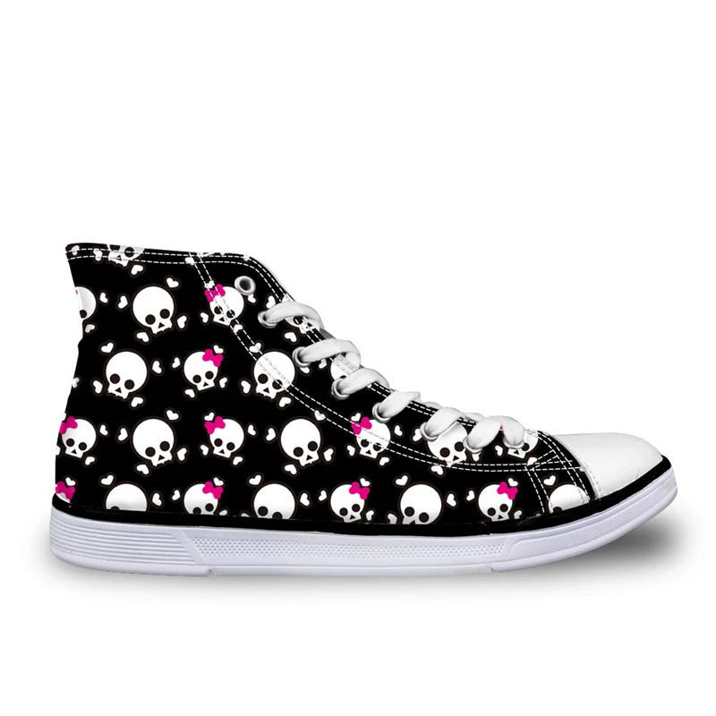 

Black High-Top Canvas Flat Shoes Women Lace-up Cute Cartoon Skull Prints for Ladies Students Spring Walking Sneakers