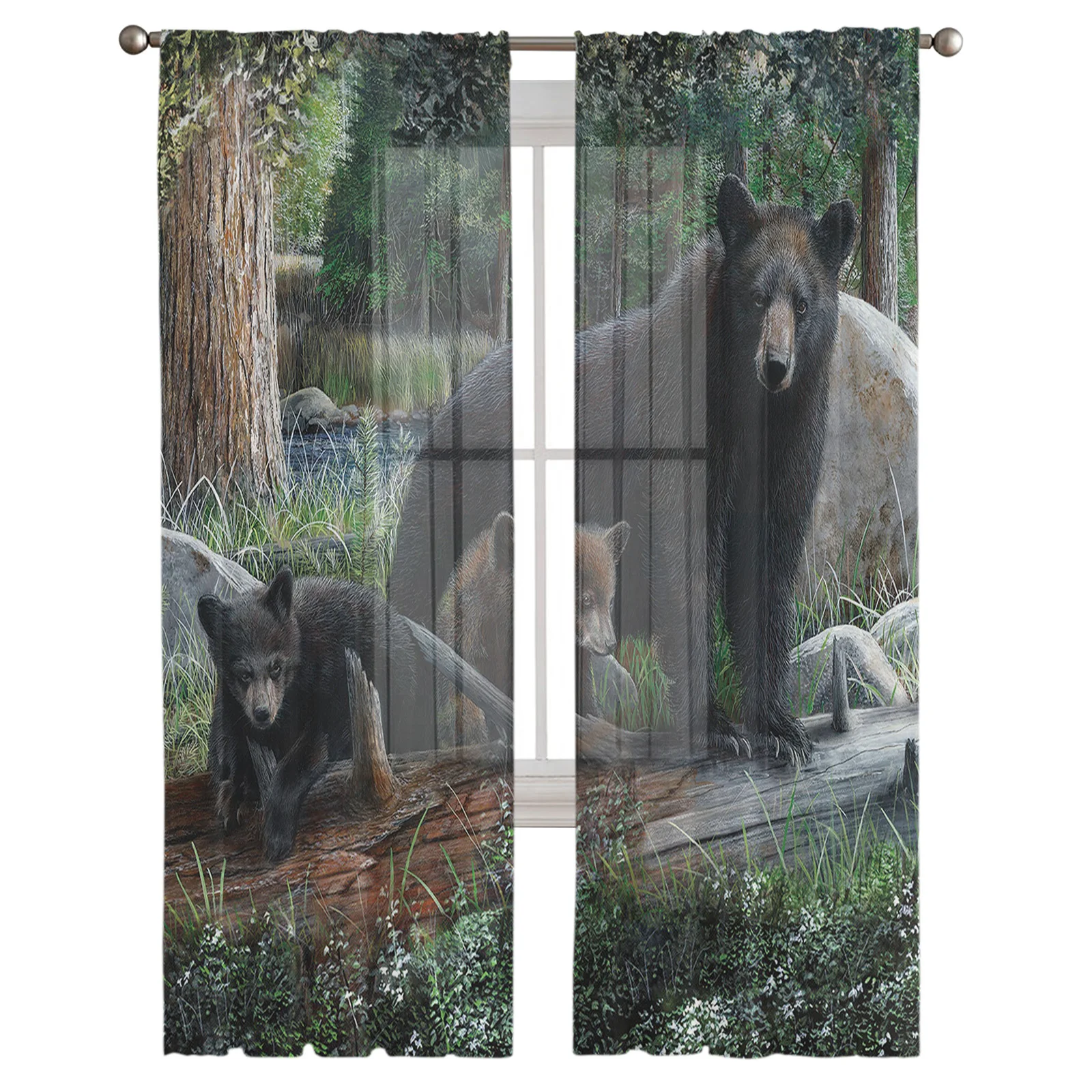 Bear Family Natural Wild Animals Forest Sheer Curtains for Living Room Kitchen Tulle for Windows Voile Yarn Curtains for Bedroom