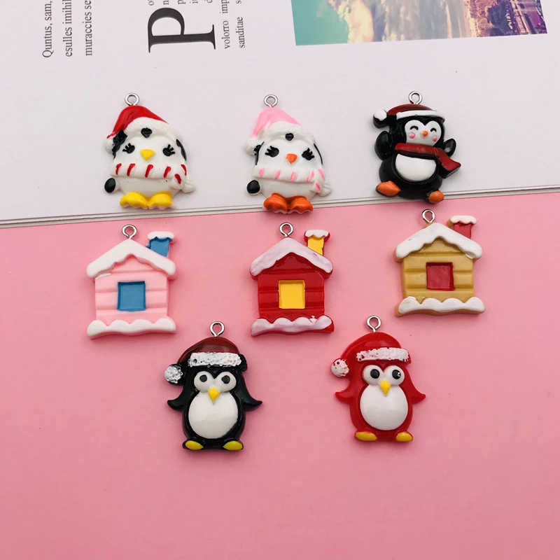 10pcs Hot New Resin Cute Christmas Penguim Charm House Pendant for Keychain, Earring, Scrapbooking, DIY Making, Necklace