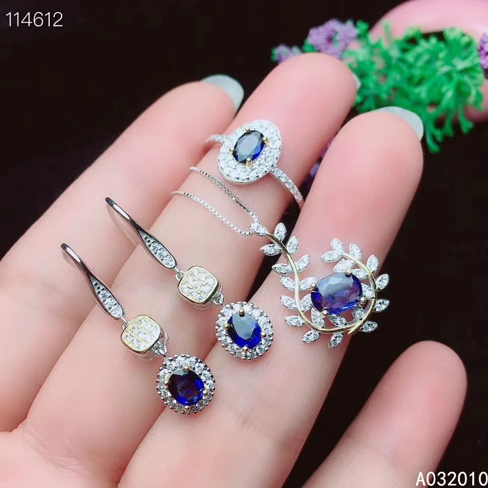 

KJJEAXCMY Fine Jewelry 925 sterling silver inlaid natural sapphire female ring pendant earring set vintage supports test