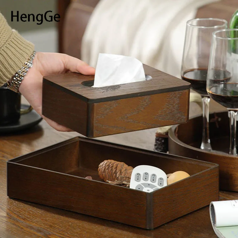 Black Walnut Wood Tissue Box Retro Pine Cone Relief Decorate Multifunction Cosmetic Storage Napkin Holder Bedroom Decoration