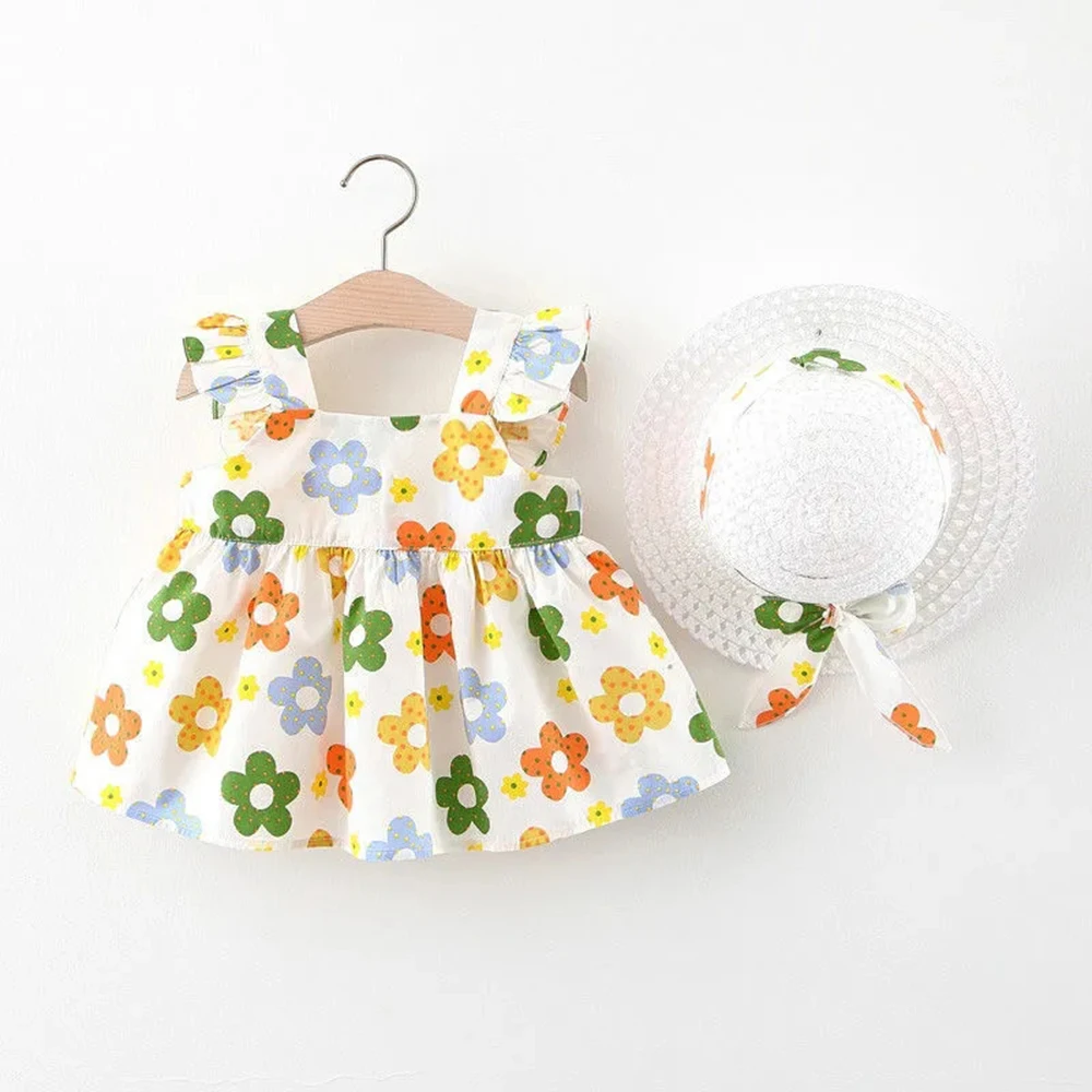 

Newborn Baby Girls Floral Sling Dresses Infant Girls Fly Sleeve A-line Dress Summer Beach Square Neck Dress + Hat for Baby 0-36M