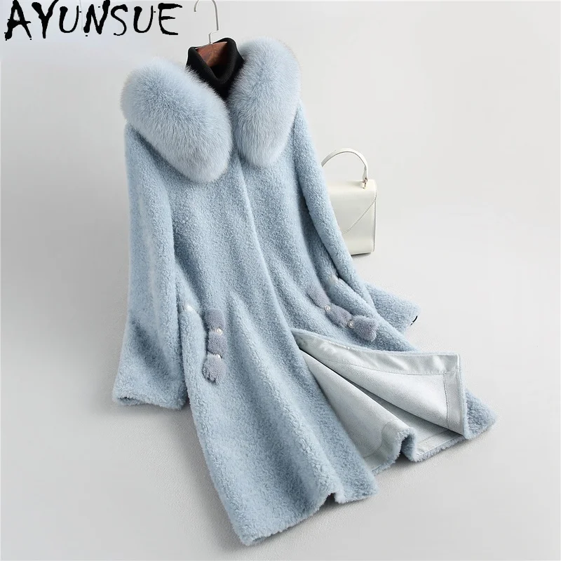 

AYUNSUE Big Fox Fur Collar Coat Women Winter 2021 Hooded Long Real Sheep Shearling Jacket Female Overcoat Casaco Feminino Gxy358