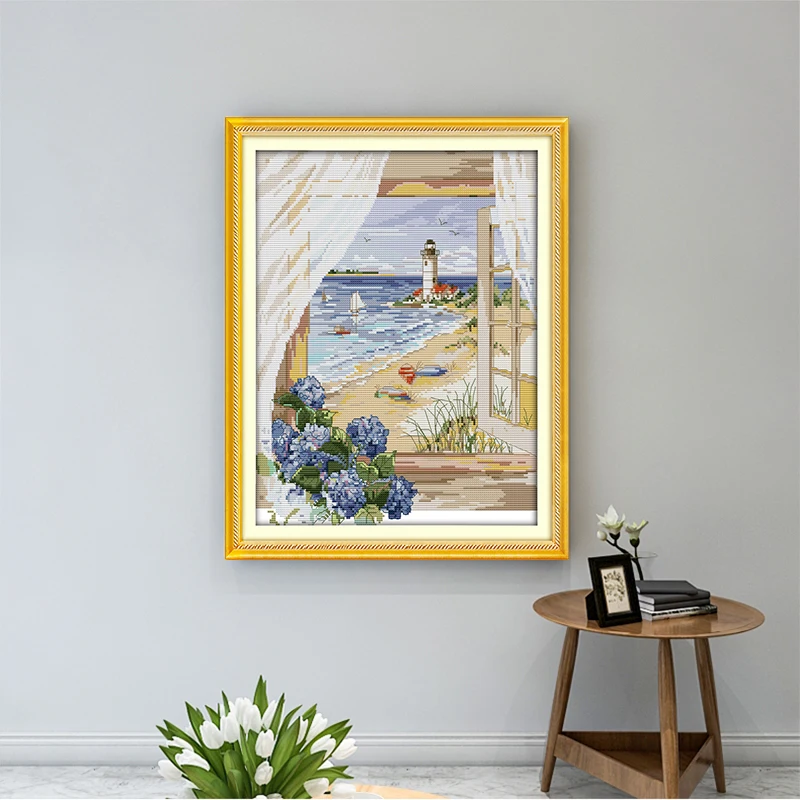 The view from the window counted 11CT 14CT Cross Stitch Kit Set DIY DMC The sea Cross-stitch Embroidery Needlework Home Decor