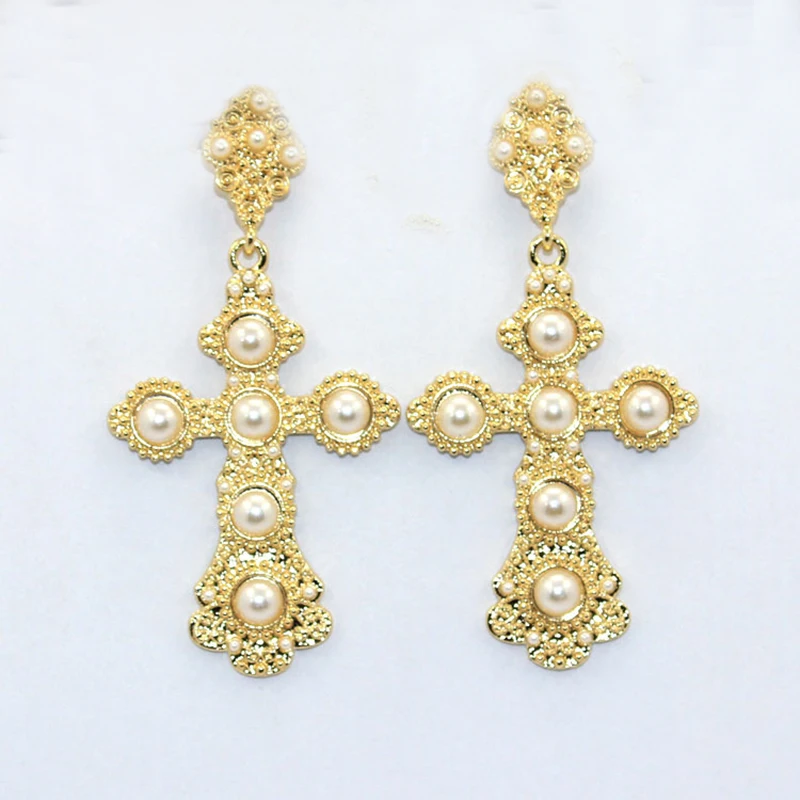 Classical Vintage Crystal Cross Drop Earrings for Women Baroque Vintage Large Long Dangle Earring Jewelry