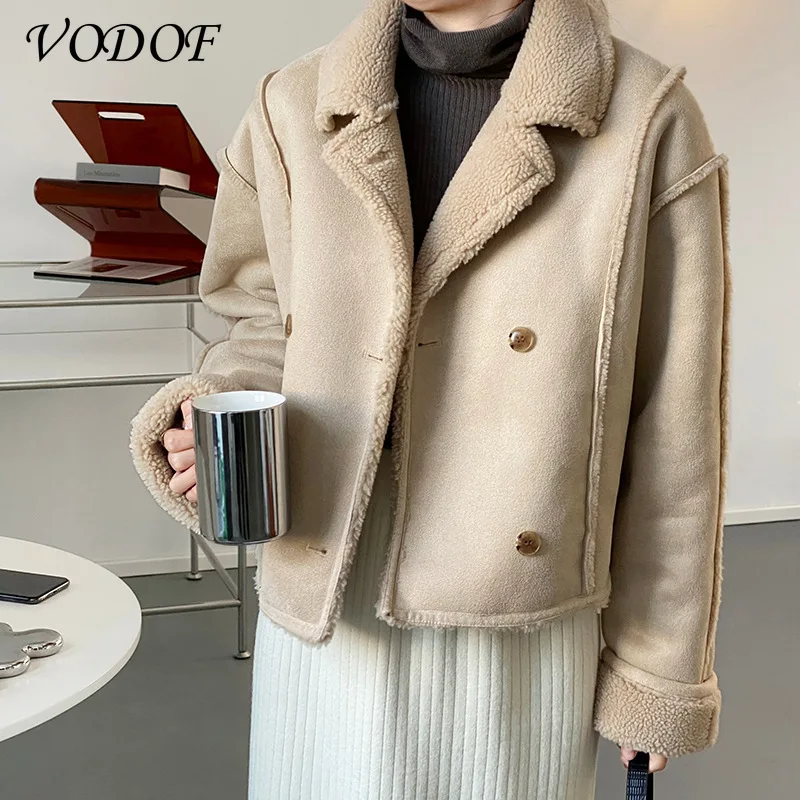 

VODOF Women Winter Faux Coat 2021 Lambswool Fleece-lined Thick Stand Motorcycle Bomber Short Fur Leather Black Jacket