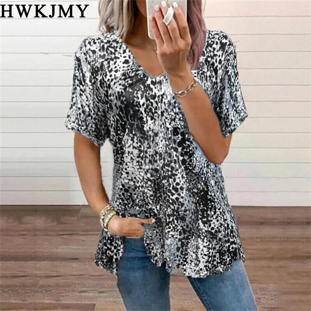 Summer Women\'s Clothing V-neck  Short Sleeve Tops Printed Tees Casual Loose T-shirt Ladies Zipper Tee XS -  8XL