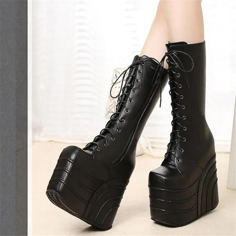 Big Size 34-43 Womens Fashion Punk Style White/Black Cosplay Boots Square Toe Wedges Platform Boots Leather Long Boots