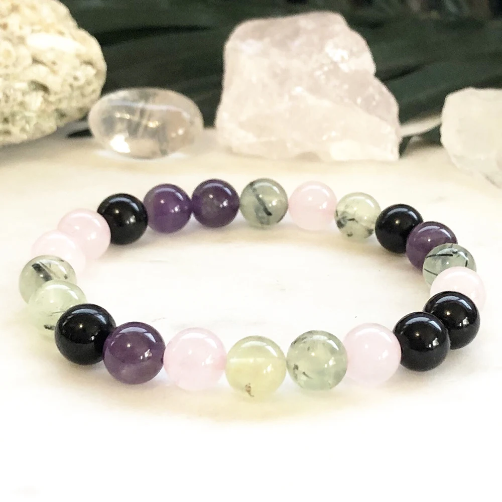 MG0872 8 MM A Grade Black Tourmaline Prehnite Bracelet Women`s Rose Quartz Energy Power Bracelet Best Gift for Mother`s Day