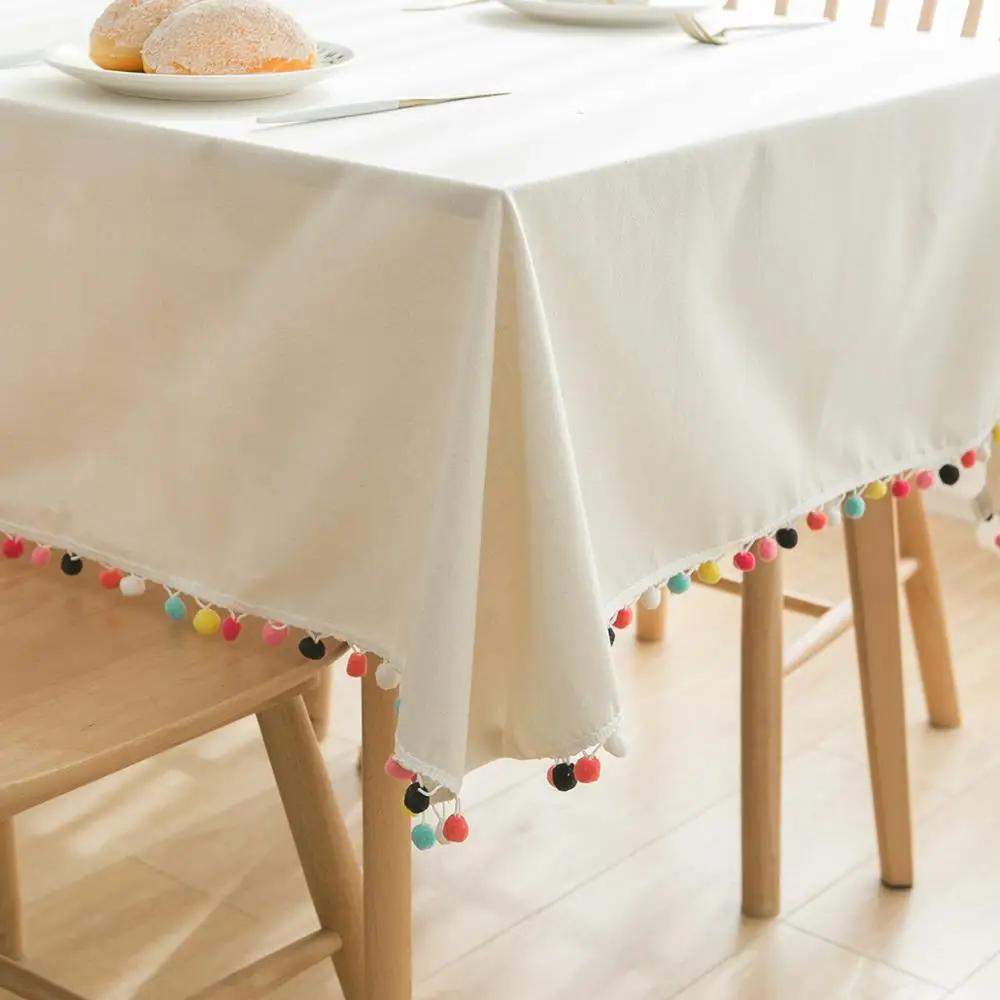 Beige Decorative Tablecloth With Colored Hair Balls Thick Cotton linen Rectangular Wedding Dining Table Cover Tea Table Cloth