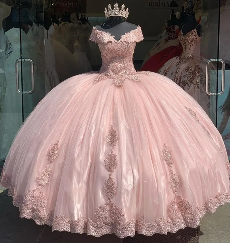 Rosa bescheidene Ballkleid-Quinceanera-Kleider aus der Schulter, Applikationen, Spitze, süße 16-Partykleider, Vestido De 15 Anos, individuell gestaltet