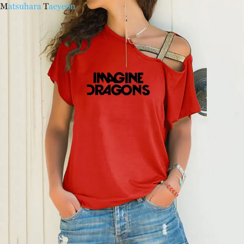 woman t shirt Fashion Imagine Dragons Funny Tee Top Short Sleeve Female clothing T-Shirt Irregular Skew Cross Bandage Tshirt