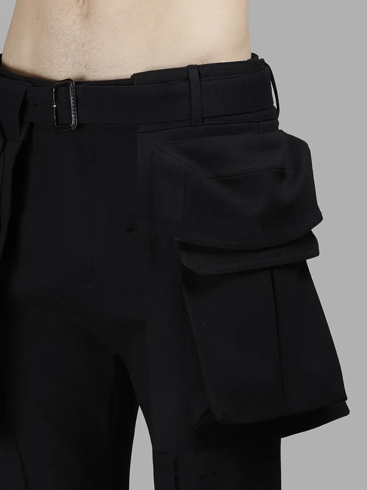 Spring and autumn new men's symmetrical big pocket belt design casual trousers slim elastic legs pencil trousers black trousers