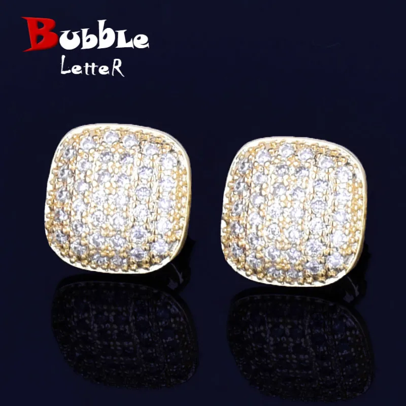 10MM Square Men Women Stud Earring Gold Color Full Cubic Zircon Screw Back Earrings Hip Hop Jewelry for Gift