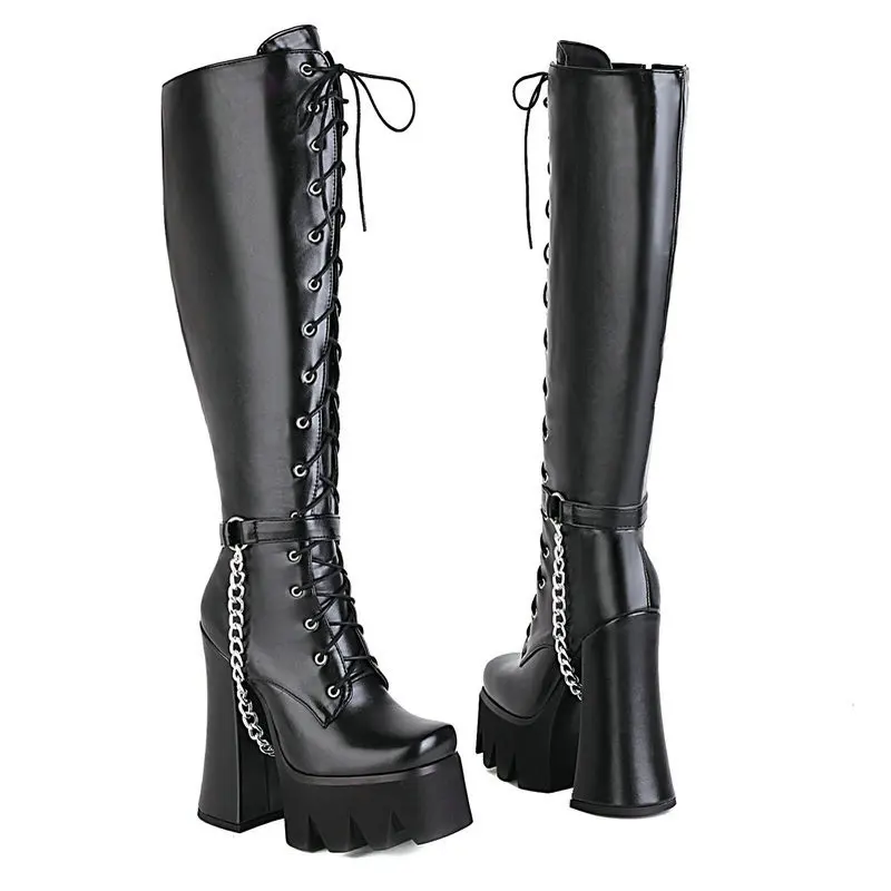 2021 Women Knee High Boots Platform Square High Heel Ladies Motorcycle Boots PU Leather Cross Tied Zipper Women\'s Boots Black