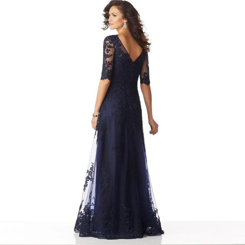 Modern Navy Blue Lace Mermaid Mother of the Bride Dresses Half Sleeve Illusion Boat Neck Wedding Party Gowns Back Out 2023