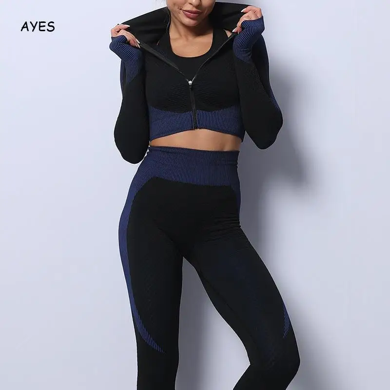 3PCS Patchwork Women Yoga Set Workout Sportswear Gym Clothing Fitness Long Sleeves Short Coat High-waisted Leggings Sports Suits