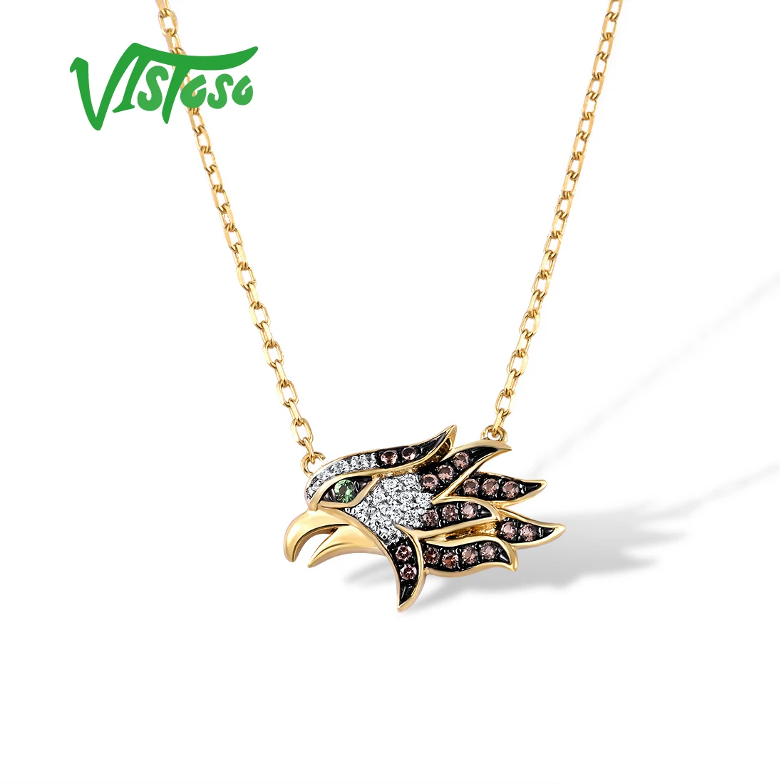 VISTOSO Gold Necklace For Women Genuine 14K 585 Yellow Gold Green Garnet Diamond Brown Eagle Necklace Animal Trendy Fine Jewelry