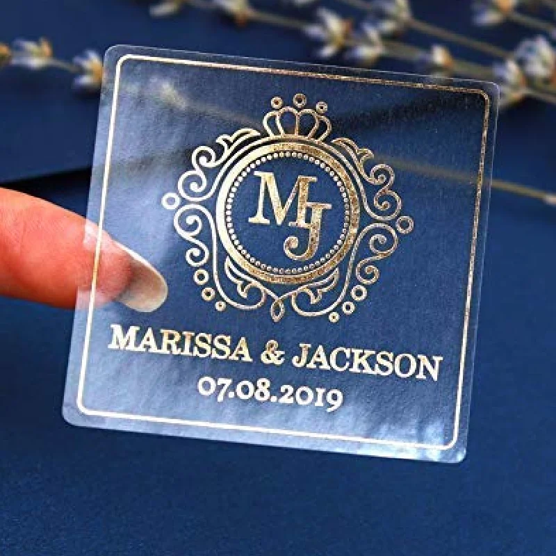 100 Square Personalized Labels, Transparent Gold Foil Stickers, Suitable For Small Company Parties, Gift Seals, Wedding Packagin