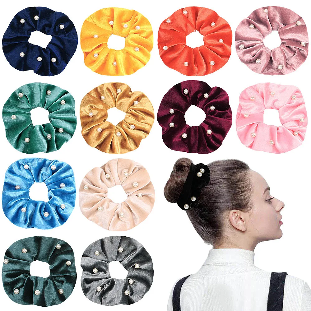 Velvet Nail Pearl Scrunchie Women Elastic Hair Rubber Bands Accessories Gum For Women Girls Ties Hair Ring Rope Ponytail Holder