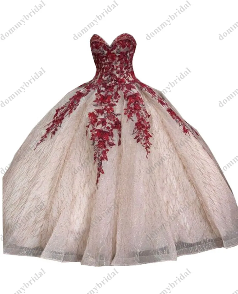 Glamourous Rot Spitze Blumen Rose Gold Pailletten Ballkleid XV Quinceanera Kleider Mexicano Charro Korsett Prom Formale Abendkleid