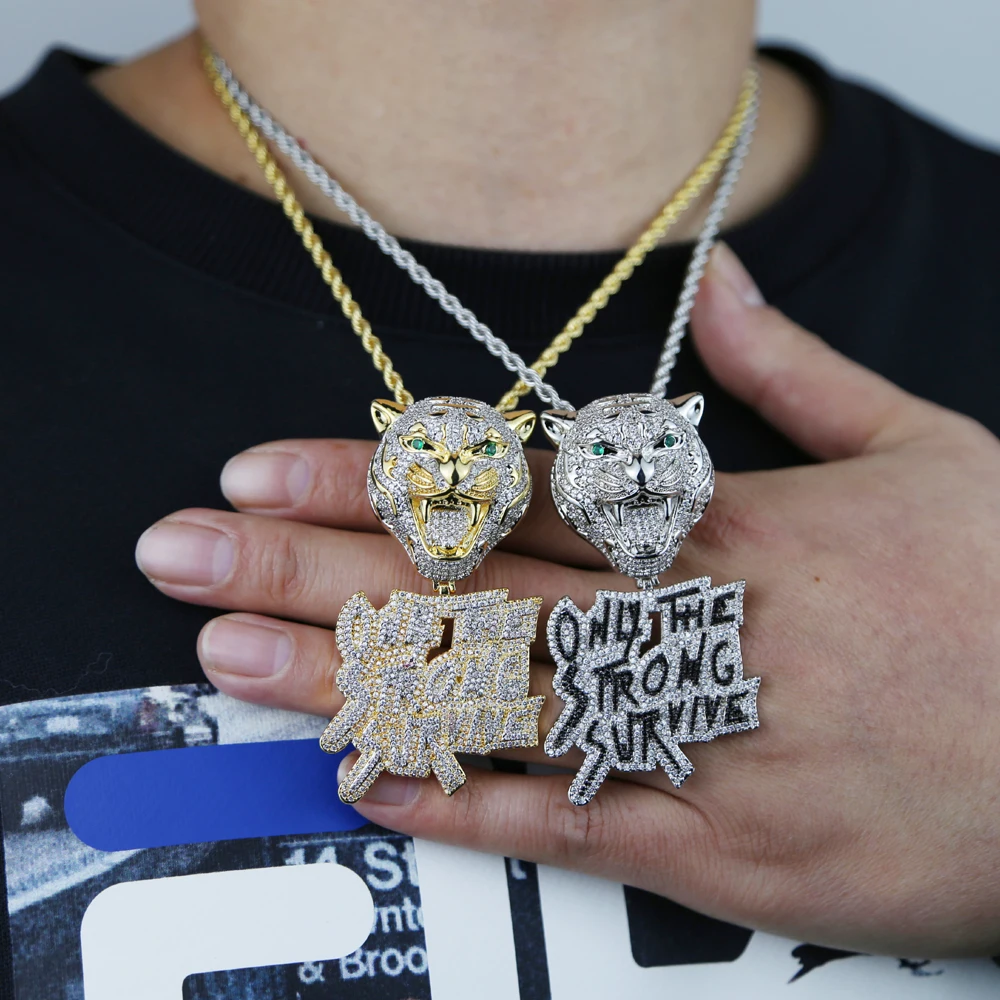 New Iced Out Bling CZ Letter Leopard Pendant Necklace Two Tone Color Cubic Zirconia Only The Strong Survive Men Hip Hop Jewelry