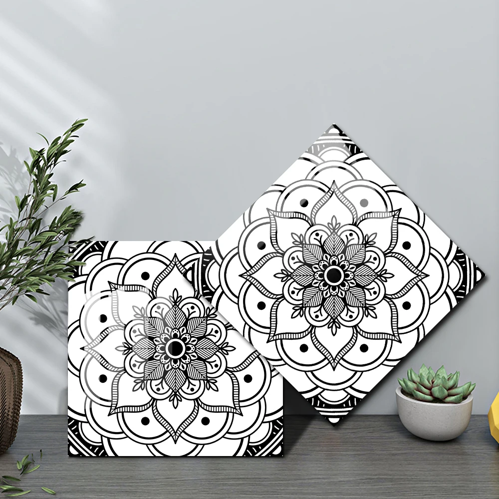 

10pcs Black & White Mandala Tiles Wall Sticker Kitchen Backsplash Wardrobe Counter Home Decor Self-adhesive Waterproof Art Mural