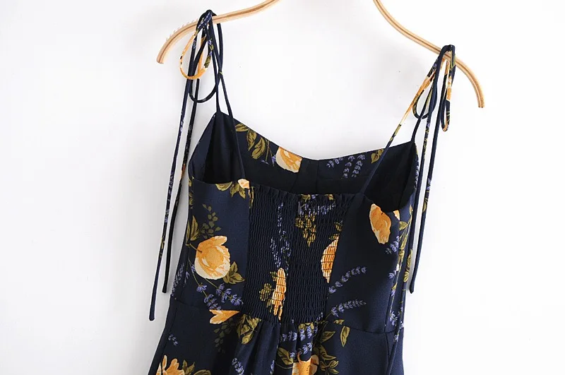 2020 French Summer Navy Blue Floral Print Bandage Spaghetti Strap Midi Dress Retro Sexy Women Lacing Up Sling Slit Vestido