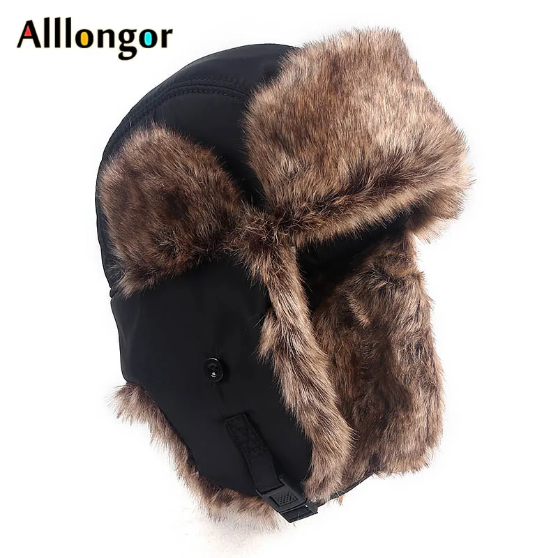 

Waterproof Russian Fur Bomber Hat Men Ushanka 2021 Winter Warm Faux Fox Fur Ear Flaps Snow Ski Cap Pilot Trapper Soviet Hats