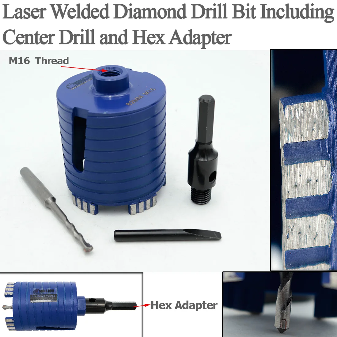 SHDIATOOL 2pcs Laser Welded Diamond Core Drill Bit Including Center Drill and Hex Adapter Dia 82mm M16 Thread